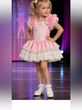 Vintage Pink Satin Lace Pageant Dress Toddler Ruffle Satin Bows Sz 4